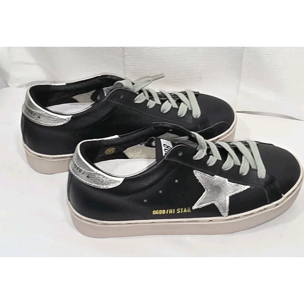 Golden Goose Hi Star Classic Shoes Womens Size 38 Black Silver Colorway Leather